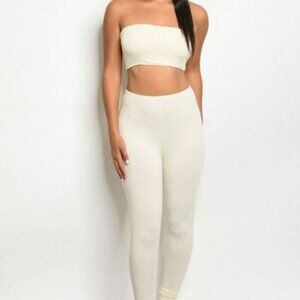 New Ivory Cream White Stretch Soft Stretchy Crop Tube Top & Leggings Pants Set S